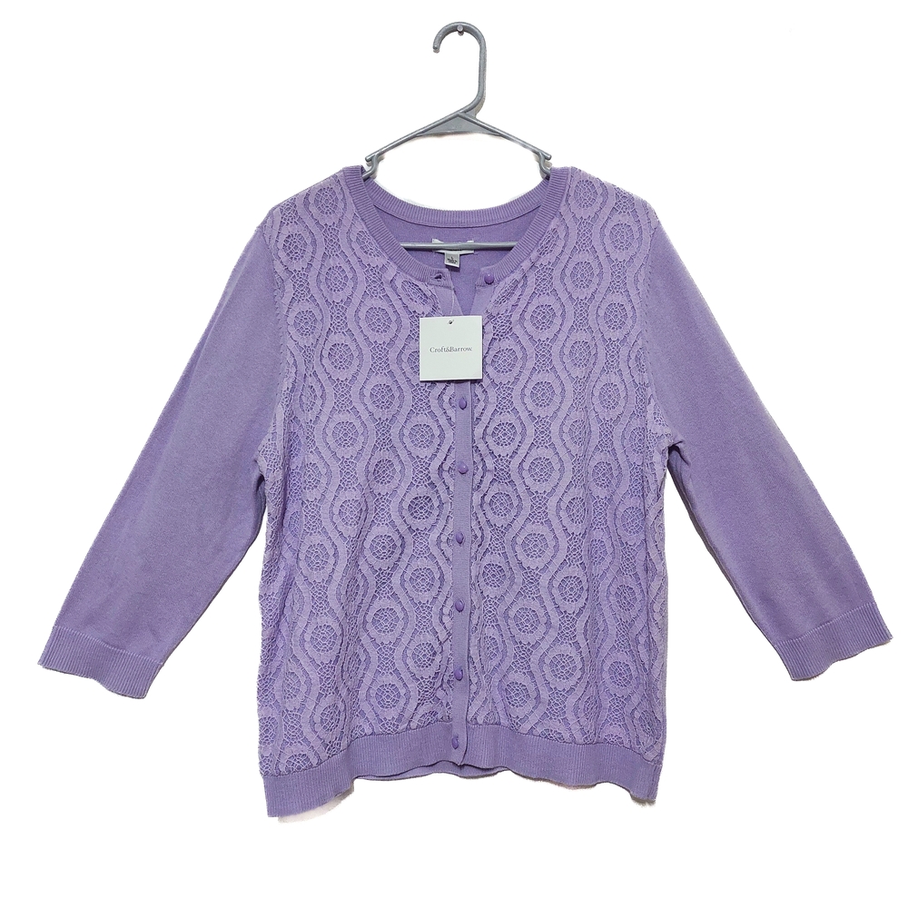 NWT Croft & Barrow Purple Lace Cardigan Cozy Cottagecore Fall Size L 3/4 Sleeve
